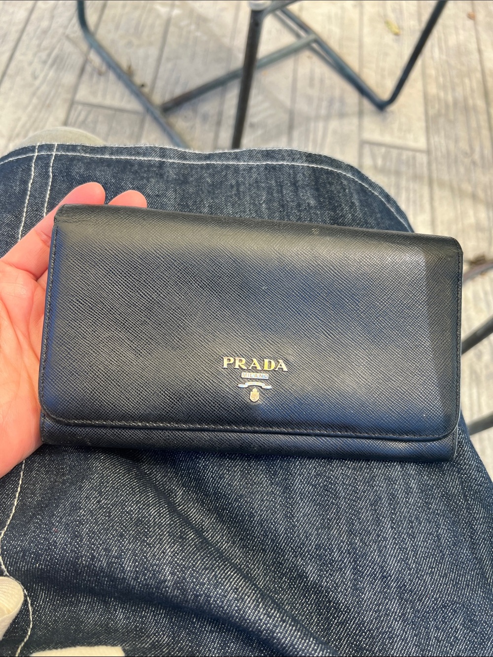 Prada Black Saffiano Leather Continental Wallet with Gold Logo